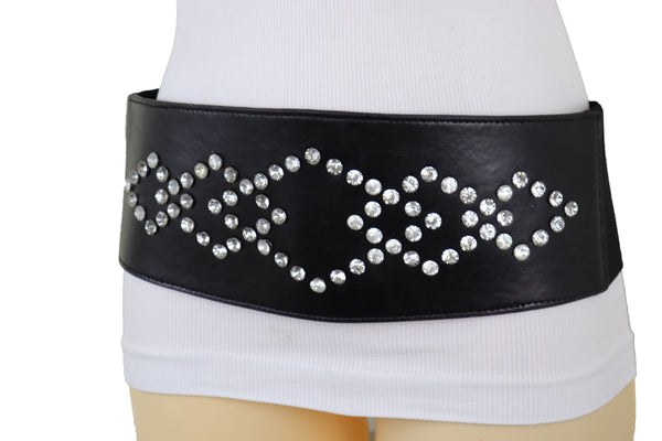 Brand New Women Wide Faux Leather Black Elastic Belt Squares S M