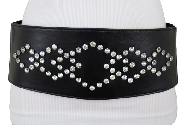 Brand New Women Wide Faux Leather Black Elastic Belt Squares S M