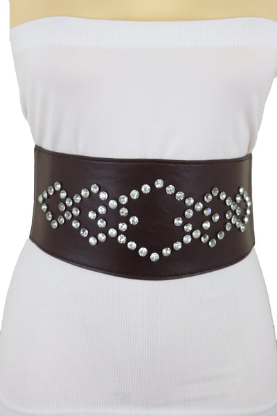 Brand New Women Wide Faux Leather Dark Brown Elastic Belt Squares Adjustable Size S M
