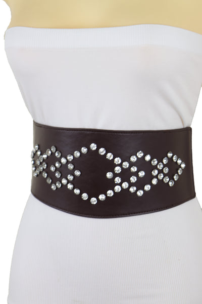 Brand New Women Wide Faux Leather Dark Brown Elastic Belt Squares Adjustable Size S M