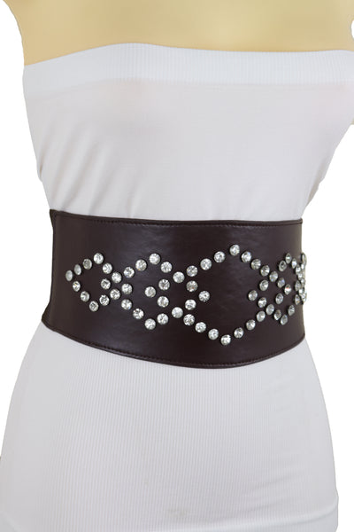 Brand New Women Wide Faux Leather Dark Brown Elastic Belt Squares Adjustable Size S M