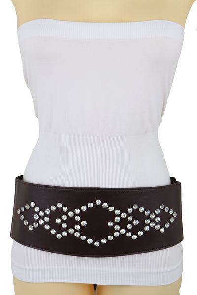 Brand New Women Wide Faux Leather Dark Brown Elastic Belt Squares Adjustable Size S M