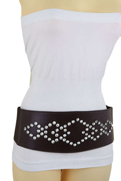 Brand New Women Wide Faux Leather Dark Brown Elastic Belt Squares Adjustable Size S M