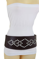 Wide Faux Leather Dark Brown Elastic Belt Squares Adjustable Size S M