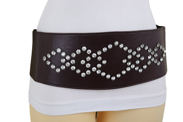 Brand New Women Wide Faux Leather Dark Brown Elastic Belt Squares Adjustable Size S M