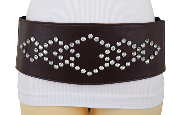 Brand New Women Wide Faux Leather Dark Brown Elastic Belt Squares Adjustable Size S M