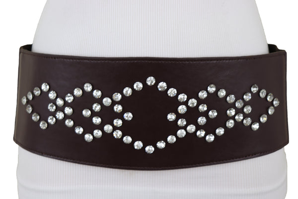 Brand New Women Wide Faux Leather Dark Brown Elastic Belt Squares Adjustable Size S M