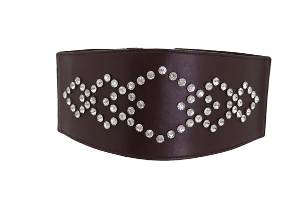 Brand New Women Wide Faux Leather Dark Brown Elastic Belt Squares Adjustable Size S M