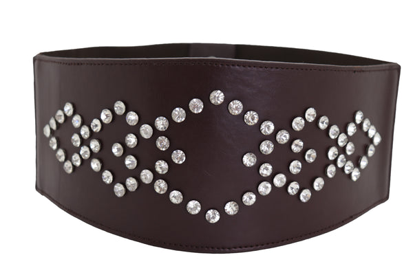 Brand New Women Wide Faux Leather Dark Brown Elastic Belt Squares Adjustable Size S M