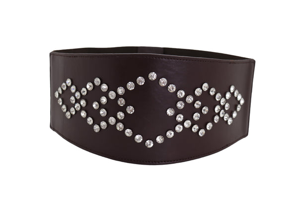 Brand New Women Wide Faux Leather Dark Brown Elastic Belt Squares Adjustable Size S M