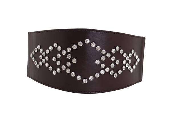 Brand New Women Wide Faux Leather Dark Brown Elastic Belt Squares Adjustable Size S M