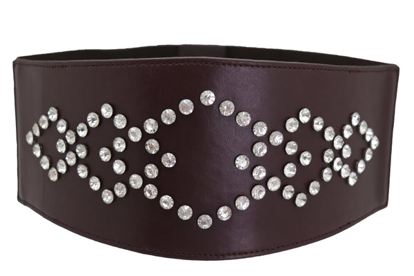 Brand New Women Wide Faux Leather Dark Brown Elastic Belt Squares Adjustable Size S M