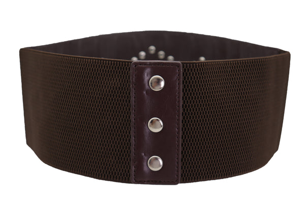 Brand New Women Wide Faux Leather Dark Brown Elastic Belt Squares Adjustable Size S M