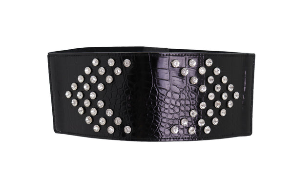 Brand New Women Wide Faux Leather Black Elastic Belt Side Arrows S M