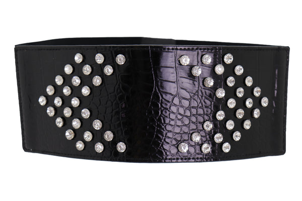 Brand New Women Wide Faux Leather Black Elastic Belt Side Arrows S M