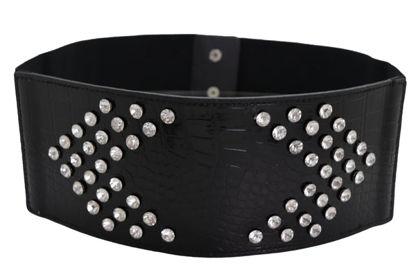 Brand New Women Wide Faux Leather Black Elastic Belt Side Arrows S M