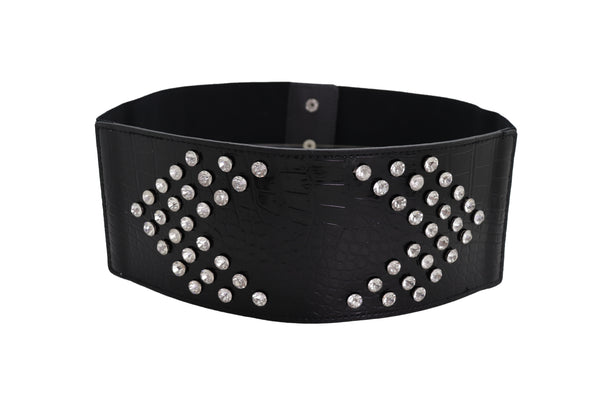 Brand New Women Wide Faux Leather Black Elastic Belt Side Arrows S M
