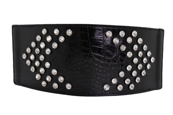 Brand New Women Wide Faux Leather Black Elastic Belt Side Arrows S M