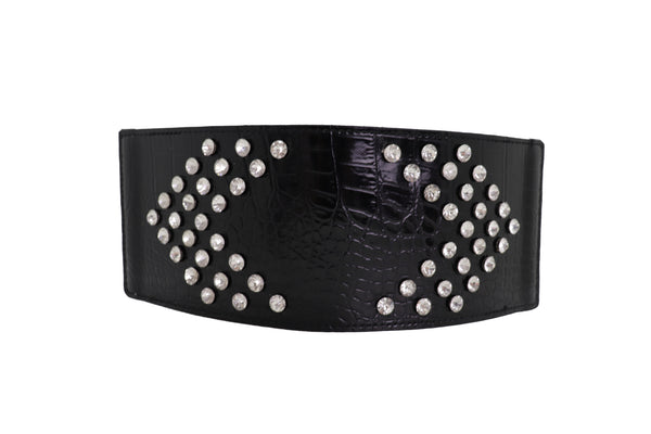 Brand New Women Wide Faux Leather Black Elastic Belt Side Arrows S M