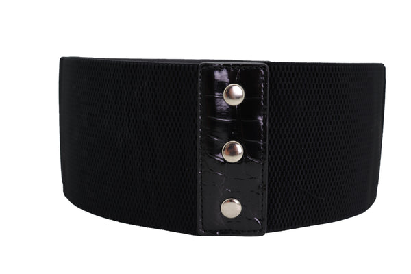 Brand New Women Wide Faux Leather Black Elastic Belt Side Arrows S M