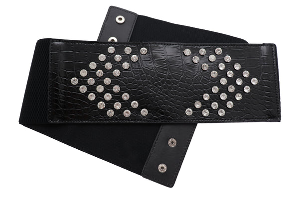 Brand New Women Wide Faux Leather Black Elastic Belt Side Arrows S M