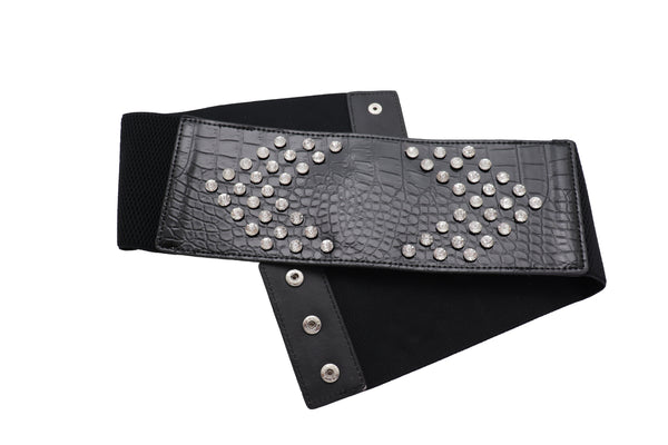 Brand New Women Wide Faux Leather Black Elastic Belt Side Arrows S M