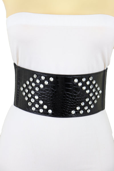 Brand New Women Wide Faux Leather Black Elastic Belt Side Arrows S M