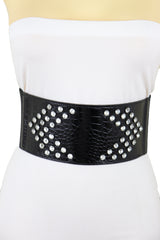 Wide Faux Leather Black Elastic Belt Side Arrows S M