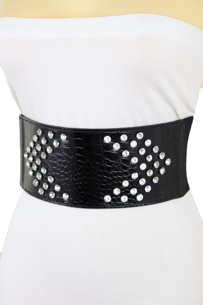 Brand New Women Wide Faux Leather Black Elastic Belt Side Arrows S M