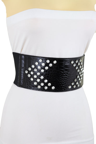 Brand New Women Wide Faux Leather Black Elastic Belt Side Arrows S M