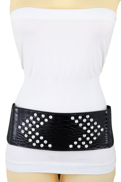 Brand New Women Wide Faux Leather Black Elastic Belt Side Arrows S M