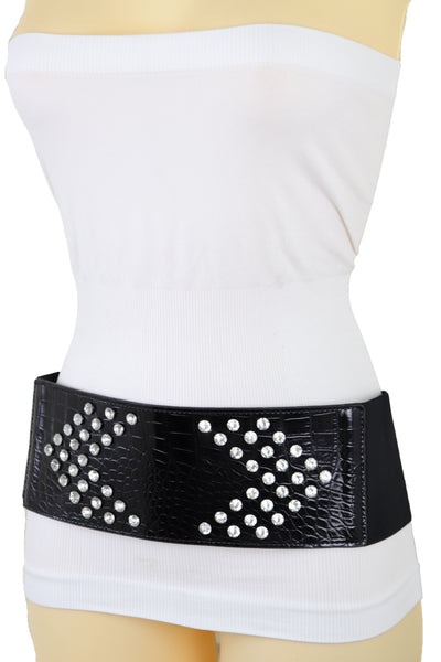 Brand New Women Wide Faux Leather Black Elastic Belt Side Arrows S M