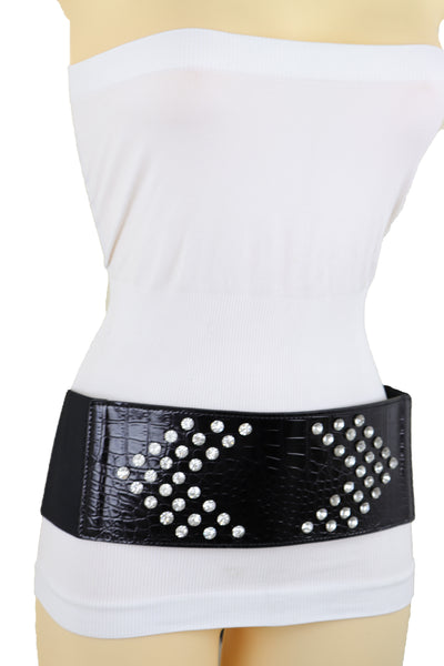 Brand New Women Wide Faux Leather Black Elastic Belt Side Arrows S M