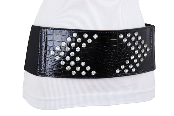 Brand New Women Wide Faux Leather Black Elastic Belt Side Arrows S M