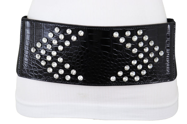 Brand New Women Wide Faux Leather Black Elastic Belt Side Arrows S M