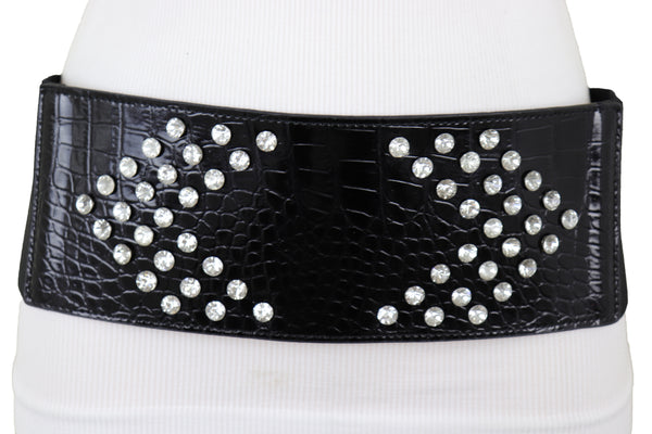 Brand New Women Wide Faux Leather Black Elastic Belt Side Arrows S M