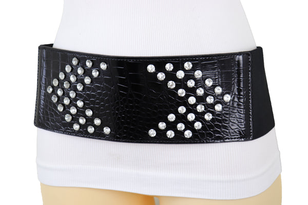 Brand New Women Wide Faux Leather Black Elastic Belt Side Arrows S M