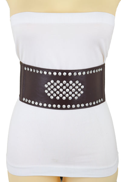Brand New Women Dark Brown Elastic Wide Belt Hip High Waist Silver Bling Shield Size M L