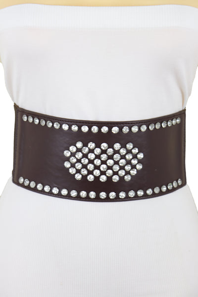 Brand New Women Dark Brown Elastic Wide Belt Hip High Waist Silver Bling Shield Size M L