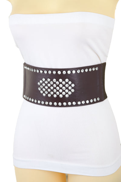 Brand New Women Dark Brown Elastic Wide Belt Hip High Waist Silver Bling Shield Size M L