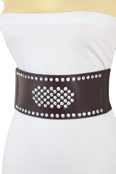 Brand New Women Dark Brown Elastic Wide Belt Hip High Waist Silver Bling Shield Size M L