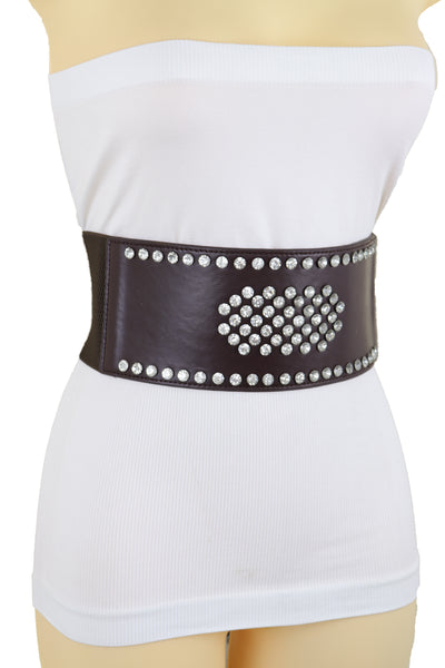 Brand New Women Dark Brown Elastic Wide Belt Hip High Waist Silver Bling Shield Size M L