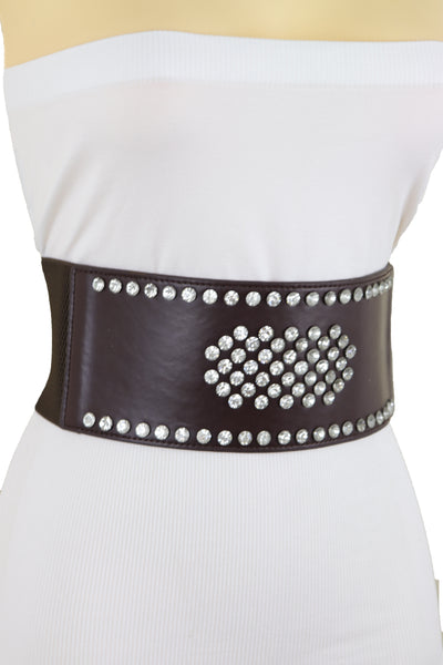 Brand New Women Dark Brown Elastic Wide Belt Hip High Waist Silver Bling Shield Size M L