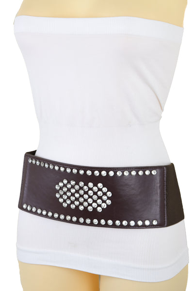 Brand New Women Dark Brown Elastic Wide Belt Hip High Waist Silver Bling Shield Size M L