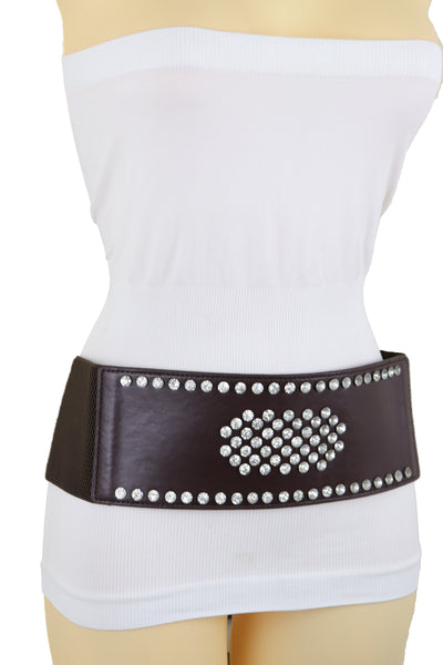 Brand New Women Dark Brown Elastic Wide Belt Hip High Waist Silver Bling Shield Size M L