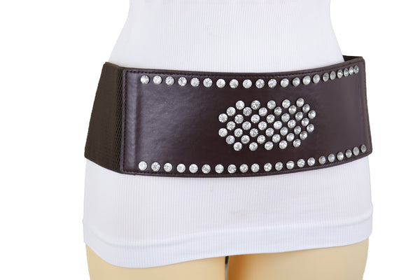 Brand New Women Dark Brown Elastic Wide Belt Hip High Waist Silver Bling Shield Size M L