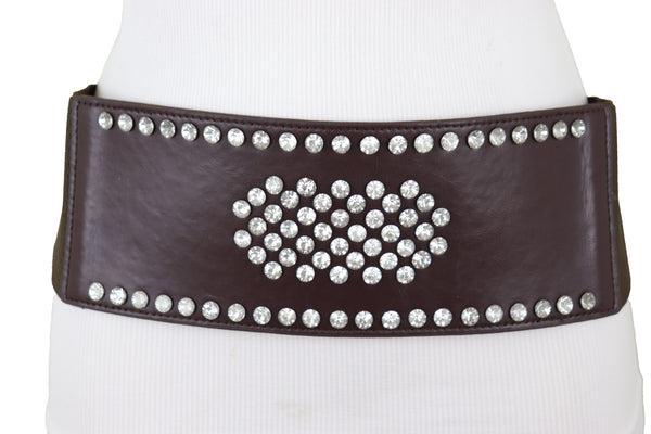 Brand New Women Dark Brown Elastic Wide Belt Hip High Waist Silver Bling Shield Size M L
