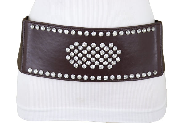 Brand New Women Dark Brown Elastic Wide Belt Hip High Waist Silver Bling Shield Size M L
