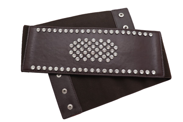 Brand New Women Dark Brown Elastic Wide Belt Hip High Waist Silver Bling Shield Size M L