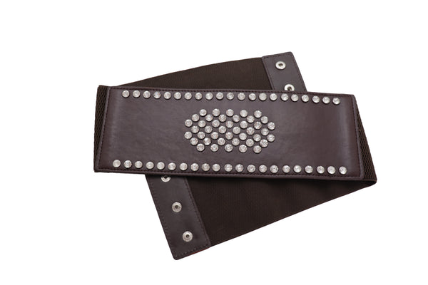 Brand New Women Dark Brown Elastic Wide Belt Hip High Waist Silver Bling Shield Size M L